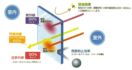 室内における効果は、紫外線99％カット、最大可視光透過率84％、近赤外線80％カット。室外における効果は、防虫効果、飛散防止効果。